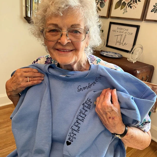 Custom Grandma Neckline Embroidered Sweatshirt with Grandkids Name on Sleeve Mother's Day Gift
