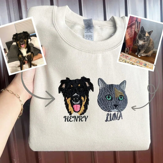 Personalized Embroidered Pet Face and Name Sweatshirt Custom Dog Cat Photo Hoodie Gift for Pet Lovers