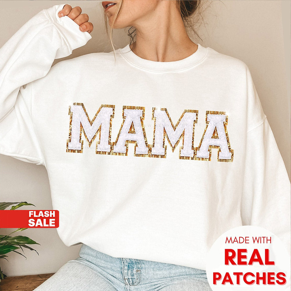 Personalisierter Glitzer-Patch, besticktes MAMA-Sweatshirt und Kindernamen auf dem Ärmel, Muttertagsgeschenk