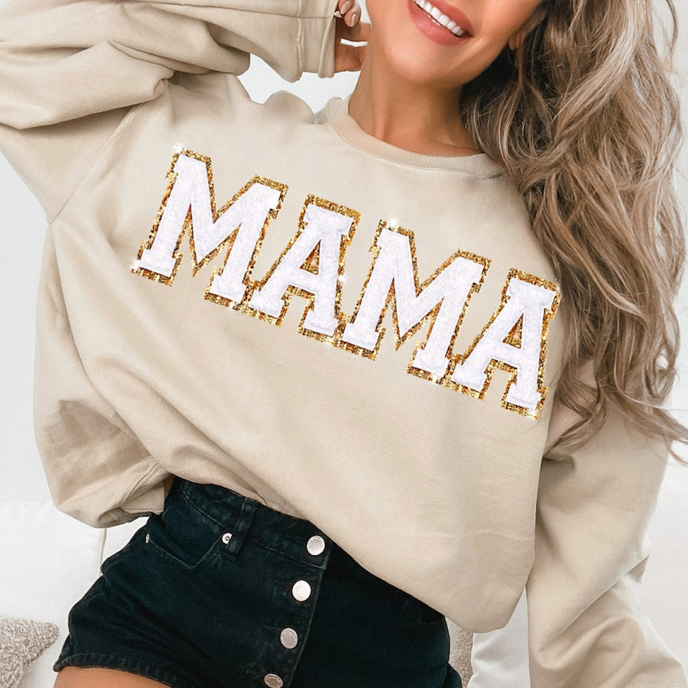 Personalized Glitter Patch Embroidered MAMA Sweatshirt and Kid Names on Sleeve Mother's Day Gift