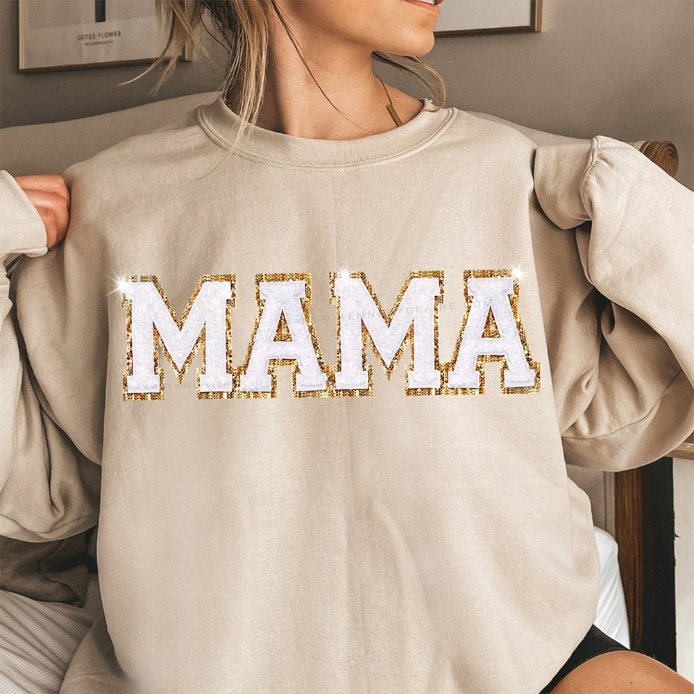 Personalisierter Glitzer-Patch, besticktes MAMA-Sweatshirt und Kindernamen auf dem Ärmel, Muttertagsgeschenk