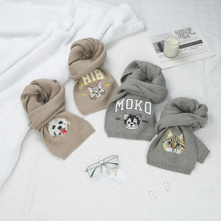 Custom Embroidered Pet Portrait Woven Scarf with Name – Personalized Christmas Gift for Pet Lovers