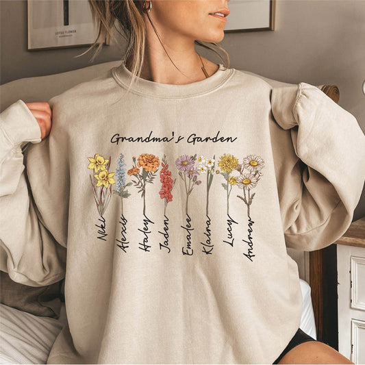 Personalisiertes Omas Garten-Blumen-Sweatshirt mit den Namen des Enkelkinds, Muttertagsgeschenk für Oma und Mama