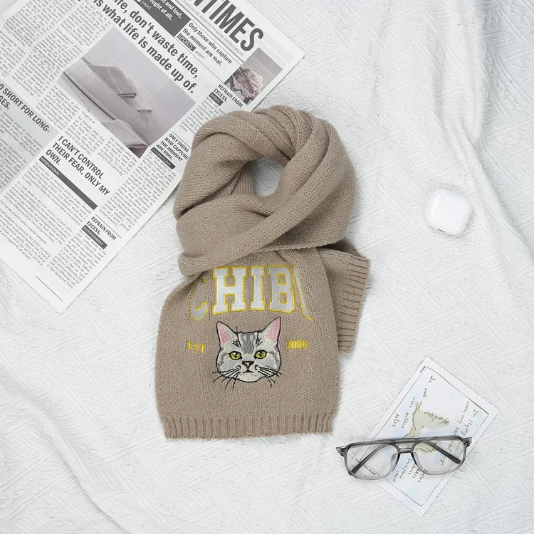 Custom Embroidered Pet Portrait Woven Scarf with Name – Personalized Christmas Gift for Pet Lovers