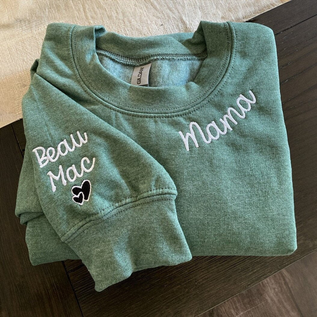 Embroidered Mama Sweatshirt with Kids Names on Sleeve Mother's Day Gift