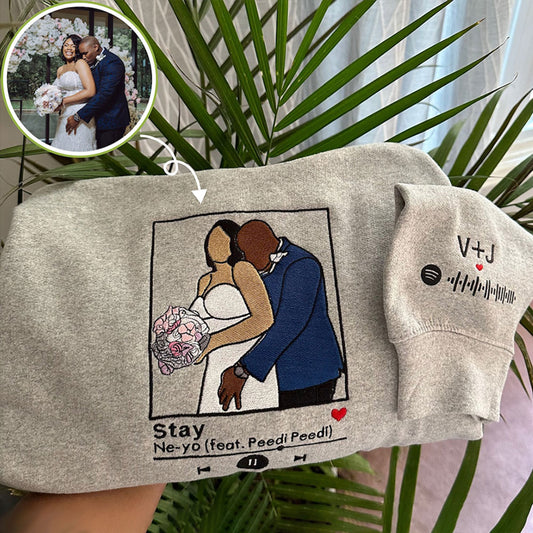 Individuell bestickter Portrait-Musikplayer mit Spotify-Code auf dem Ärmel, Paar-Sweatshirt, Valentinstagsgeschenk