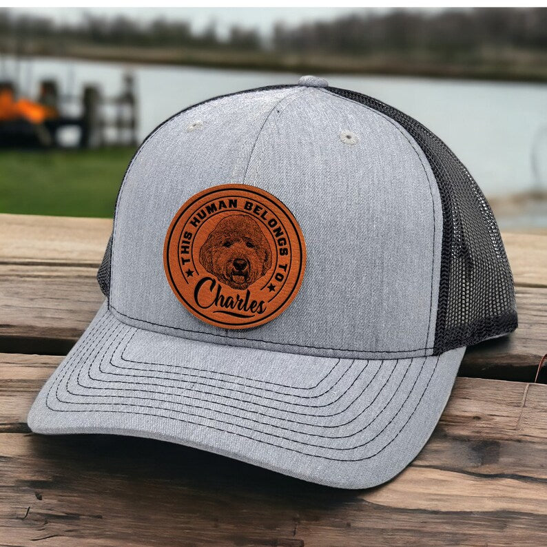 Personalized Pet Portrait Leather Patch Trucker Hat with Photo Gift for Dog Cat Lovers