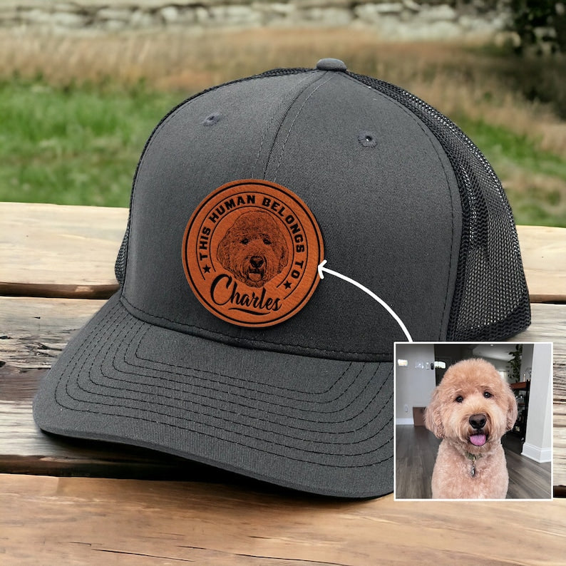 Personalized Pet Portrait Leather Patch Trucker Hat with Photo Gift for Dog Cat Lovers