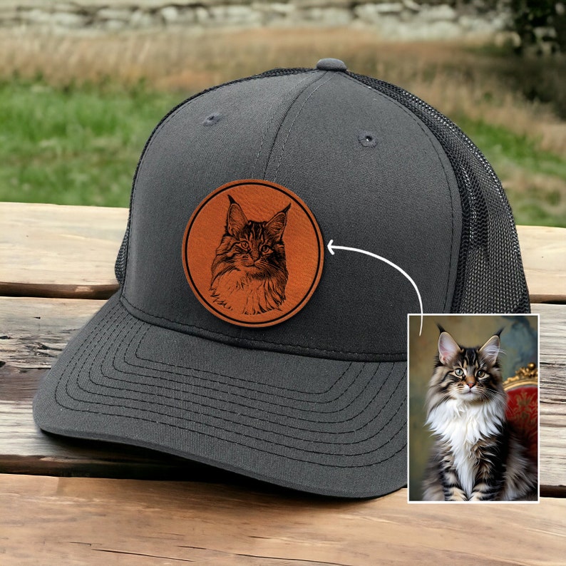 Personalized Pet Portrait Leather Patch Trucker Hat with Photo Gift for Dog Cat Lovers