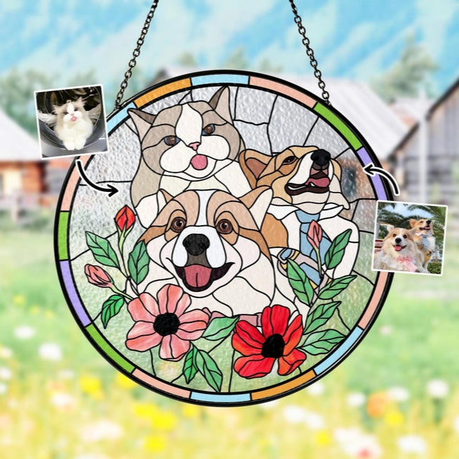 Custom Pet Portrait Stained Glass Suncatcher – Dog or Cat Memorial Gift