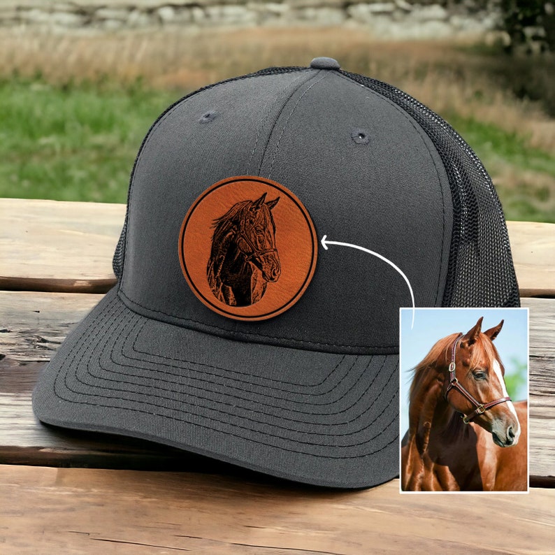 Personalized Pet Portrait Leather Patch Trucker Hat with Photo Gift for Horse Pet Lovers