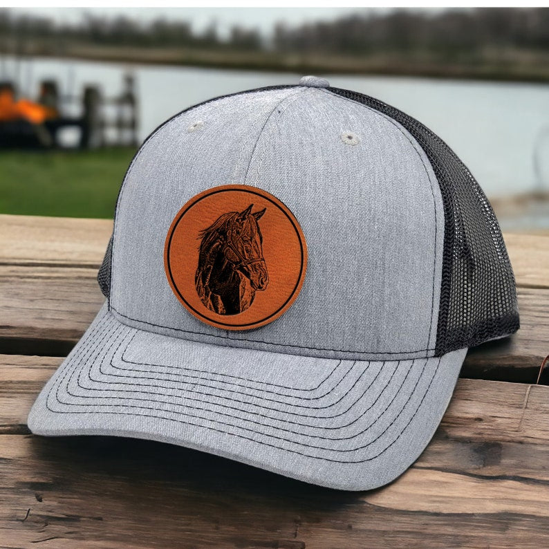 Personalized Pet Portrait Leather Patch Trucker Hat with Photo Gift for Horse Pet Lovers