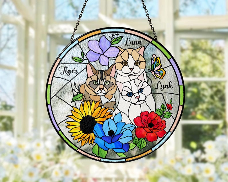 Custom Pet Portrait Stained Glass Suncatcher – Dog or Cat Memorial Gift