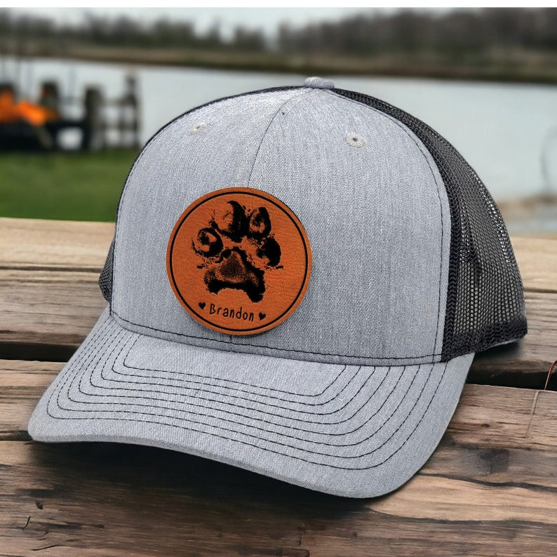 Personalized Pet Paw Print Leather Patch Trucker Hat with Name Gift for Pet Lovers