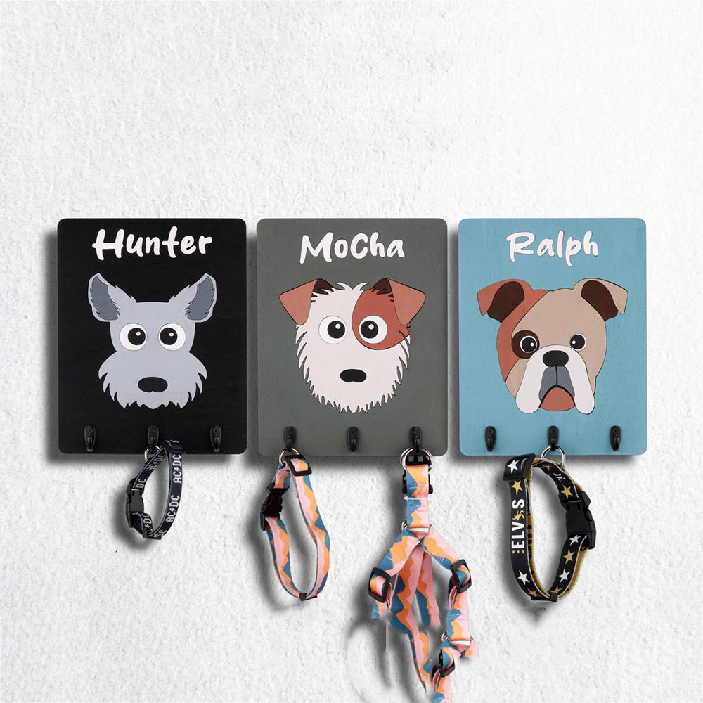 Custom Pet Portrait Leash Holder with Name for Wall Personalized Pet Leash Rack & Key Hook Unique Gift for Pet Lovers