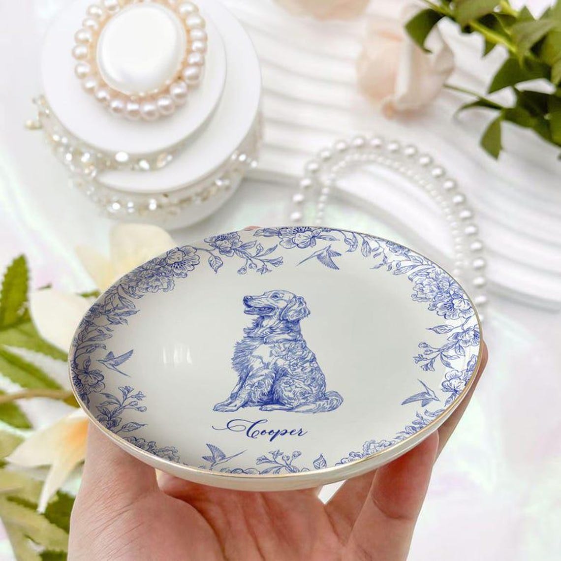 Custom Dog Portrait Jewelry Dish – Personalized Chinoiserie Toile Trinket Plate Custom Dog Ring Dish Gift for Dog Mom Dad