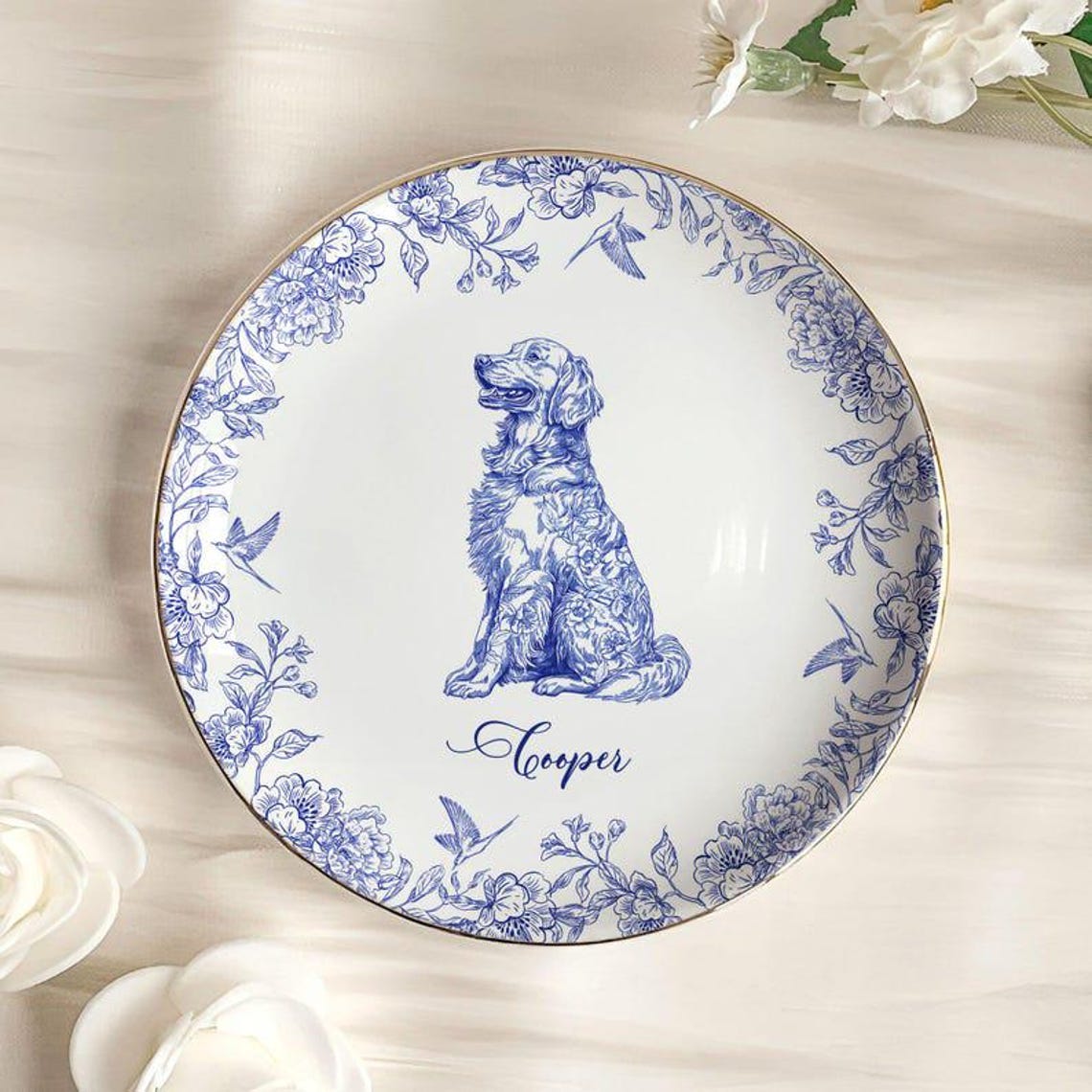 Custom Dog Portrait Jewelry Dish – Personalized Chinoiserie Toile Trinket Plate Custom Dog Ring Dish Gift for Dog Mom Dad