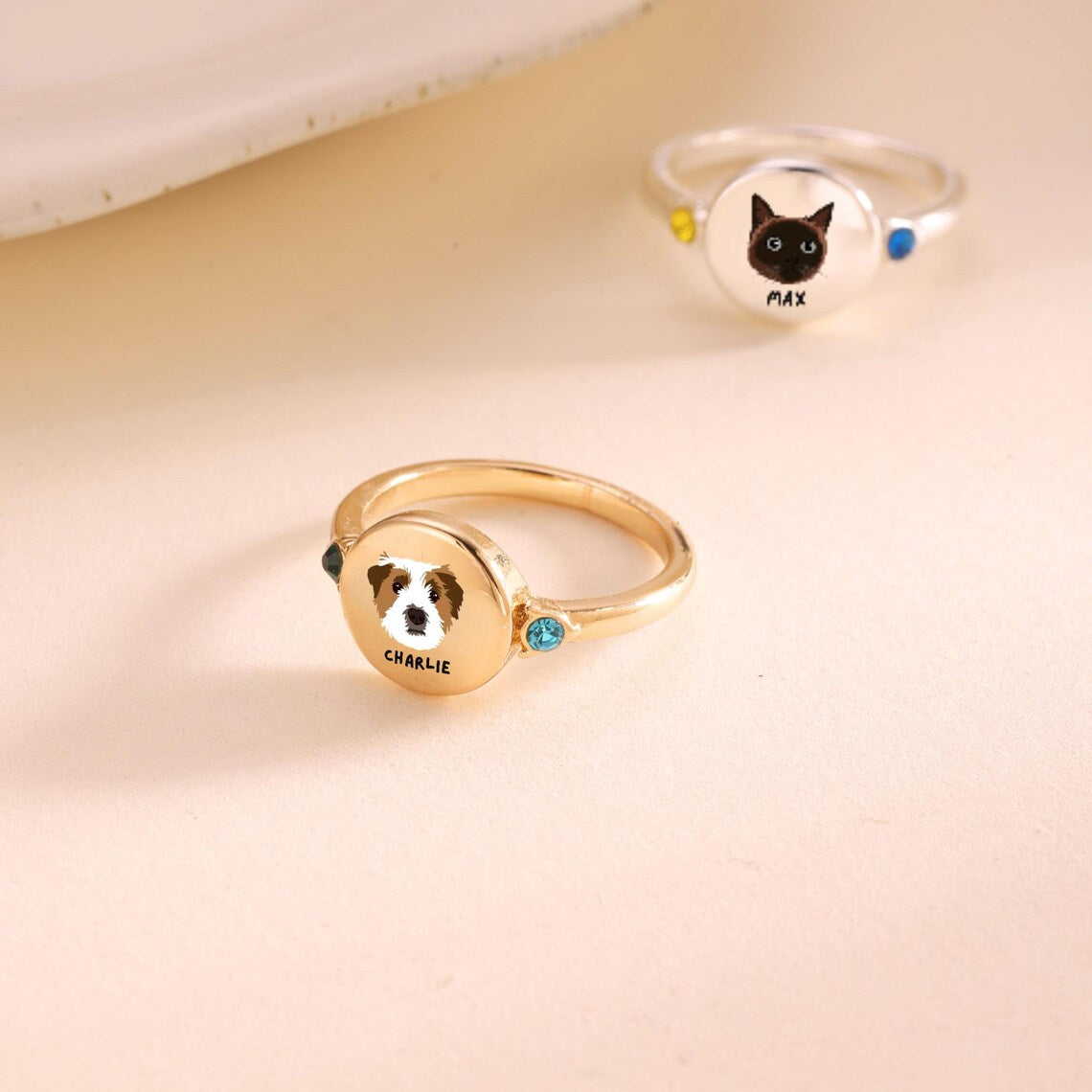 Custom Pet Portrait Photo Ring with Birthstone Dog Cat Memorial Jewelry Gift For Pet Lover