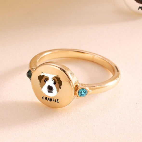 Custom Pet Portrait Photo Ring with Birthstone Dog Cat Memorial Jewelry Gift For Pet Lover