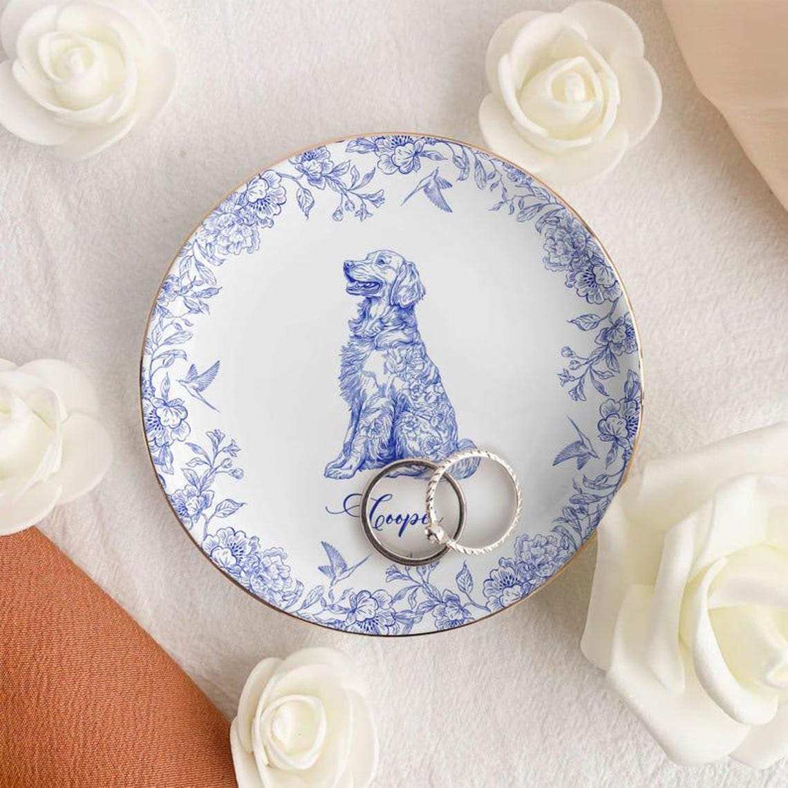 Custom Dog Portrait Jewelry Dish – Personalized Chinoiserie Toile Trinket Plate Custom Dog Ring Dish Gift for Dog Mom Dad