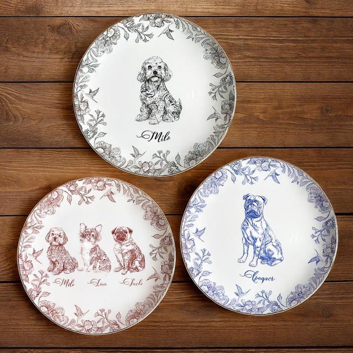 Custom Dog Portrait Jewelry Dish – Personalized Chinoiserie Toile Trinket Plate Custom Dog Ring Dish Gift for Dog Mom Dad