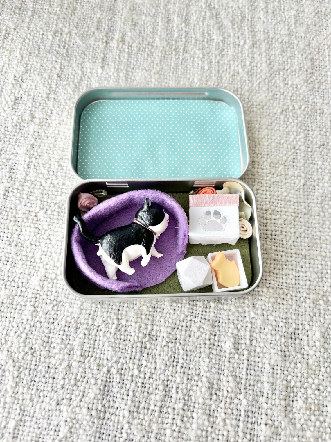 Pocket Pet Cat in a Tin – Mini Travel Toy Cat Playset Custom Pet Figurine Unique Gift for Pet Lovers