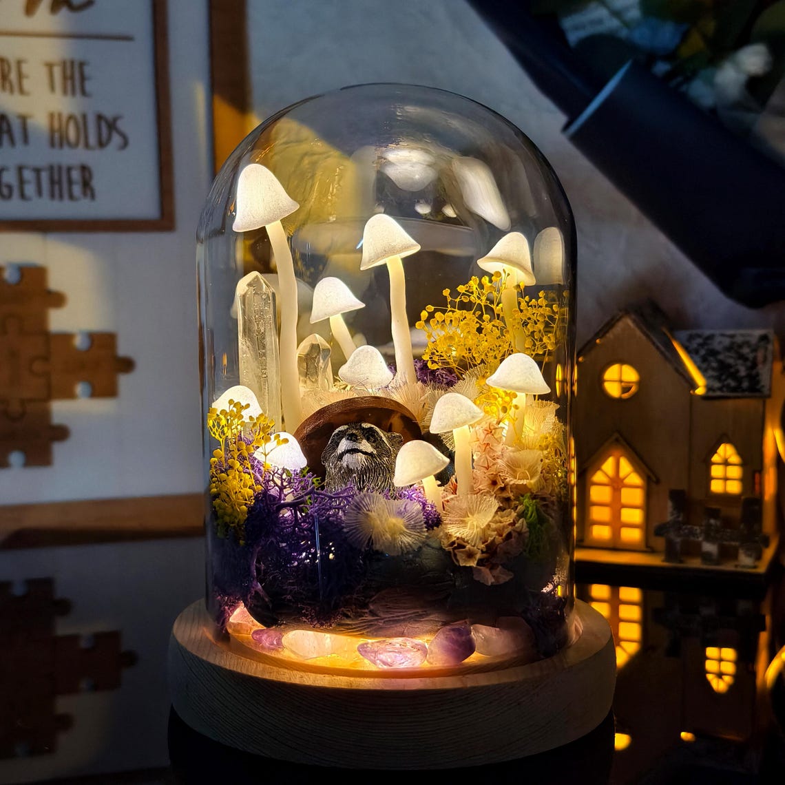 Custom Pet Figurine Mushroom Lamp with Raccoon Christmas Gift For Pet Lovers Unique Home Decor