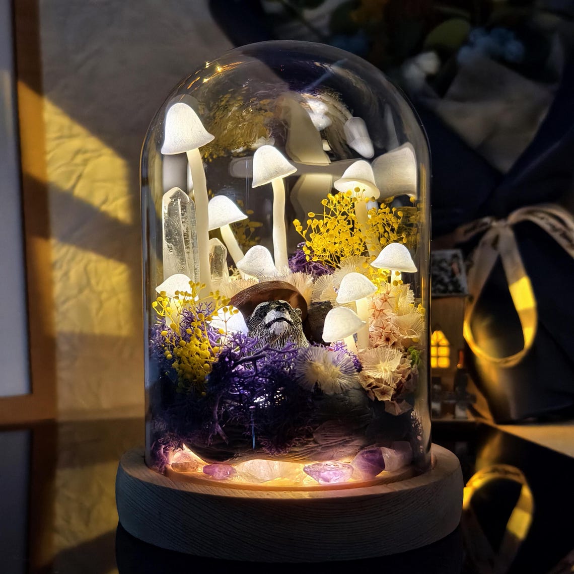 Custom Pet Figurine Mushroom Lamp with Raccoon Christmas Gift For Pet Lovers Unique Home Decor