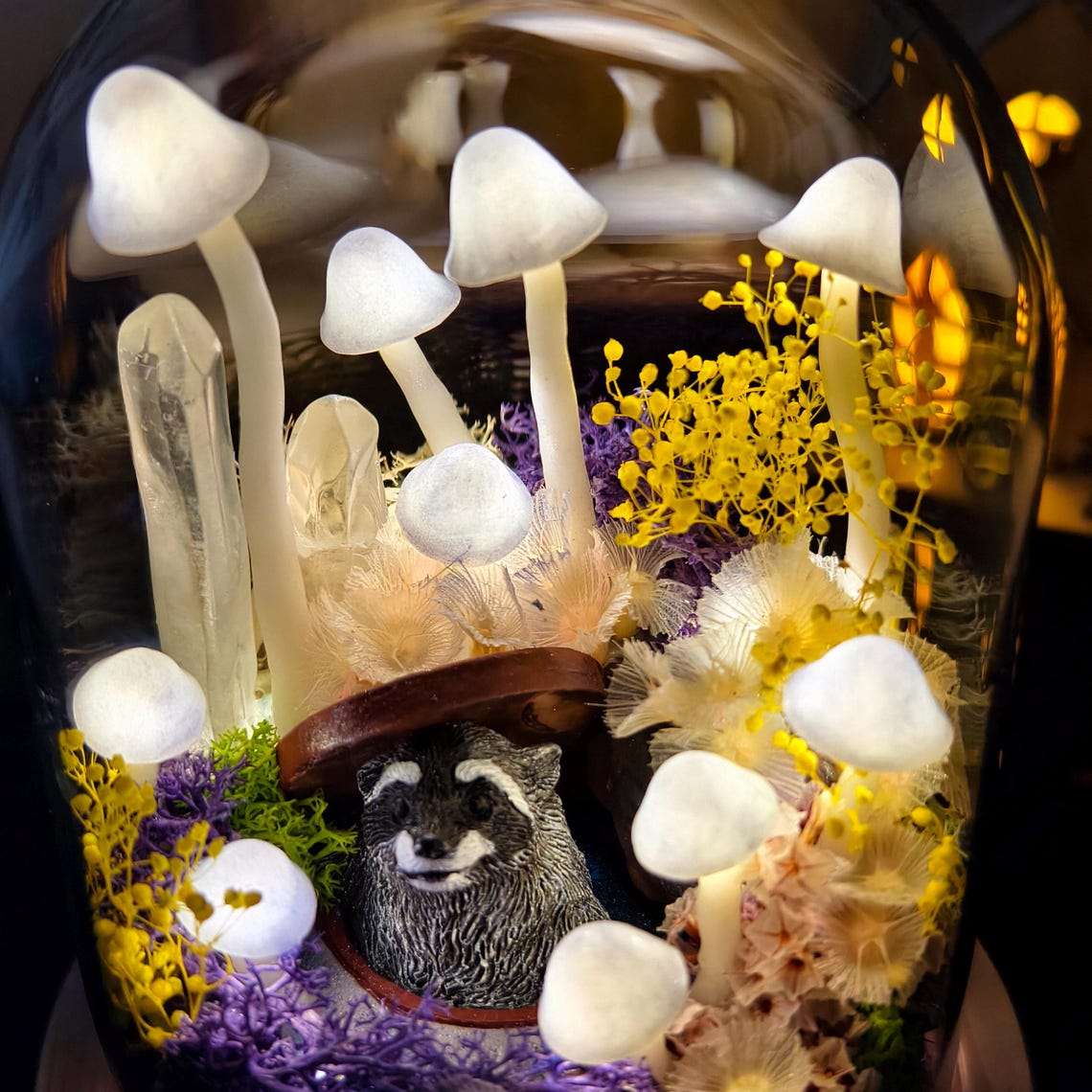 Custom Pet Figurine Mushroom Lamp with Raccoon Christmas Gift For Pet Lovers Unique Home Decor
