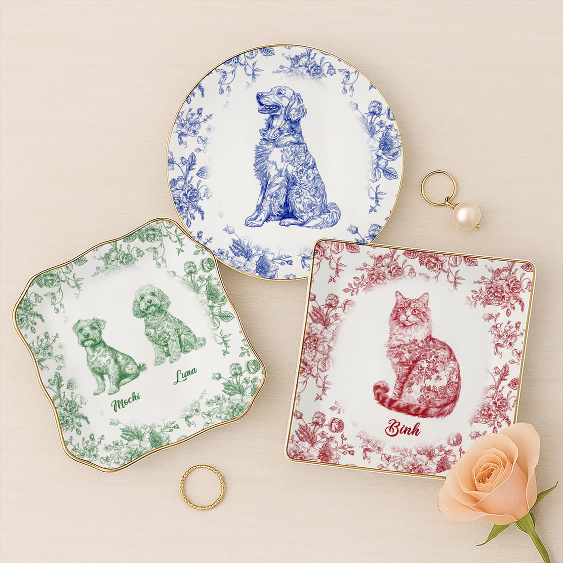 Custom Dog Portrait Jewelry Dish – Personalized Chinoiserie Toile Trinket Plate Christmas Gift for Pet Lovers