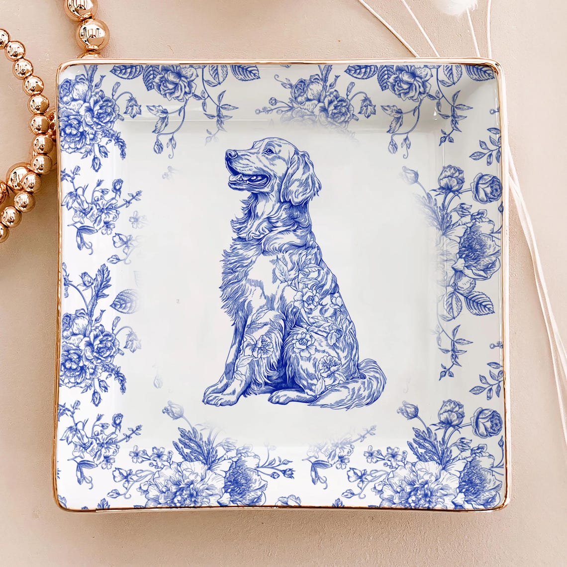 Custom Dog Portrait Jewelry Dish – Personalized Chinoiserie Toile Trinket Plate Christmas Gift for Pet Lovers