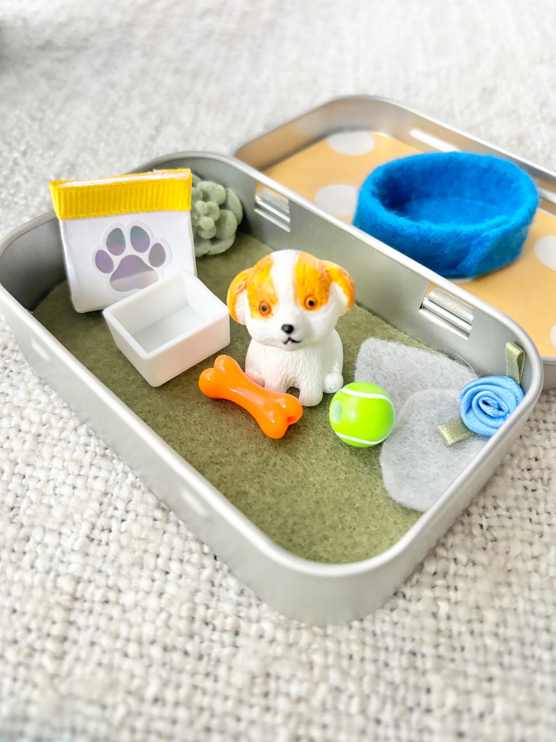 Pocket Pet Dog in a Tin – Mini Travel Toy Dog Playset Custom Pet Figurine Unique Gift for Pet Lovers