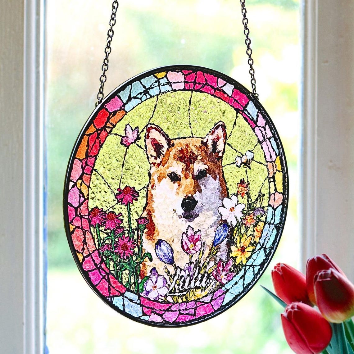 Custom Pet Portrait Suncatcher Personalized Stained Glass Window Hanging Memorial Gift for Pet Lovers