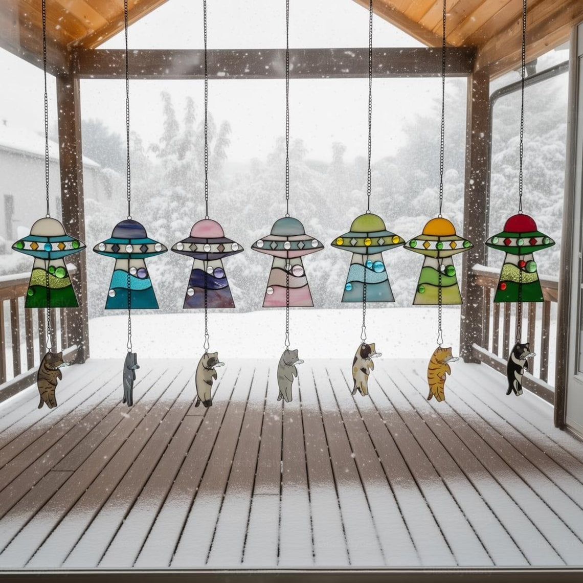 Custom Stained Glass Cat UFO Spaceship Suncatcher Pressed Flower Alien Encounter Mobile Birthday Christmas Gift For Cat Pet Lovers