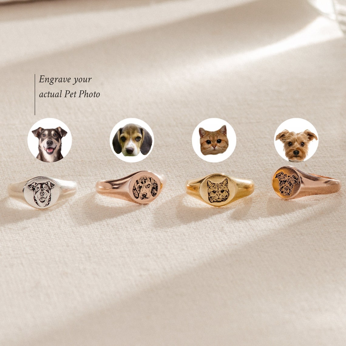 Custom Engraved Pet Portrait Photo Signet Ring Christmas Keepsake Gift For Dog Cat Mom