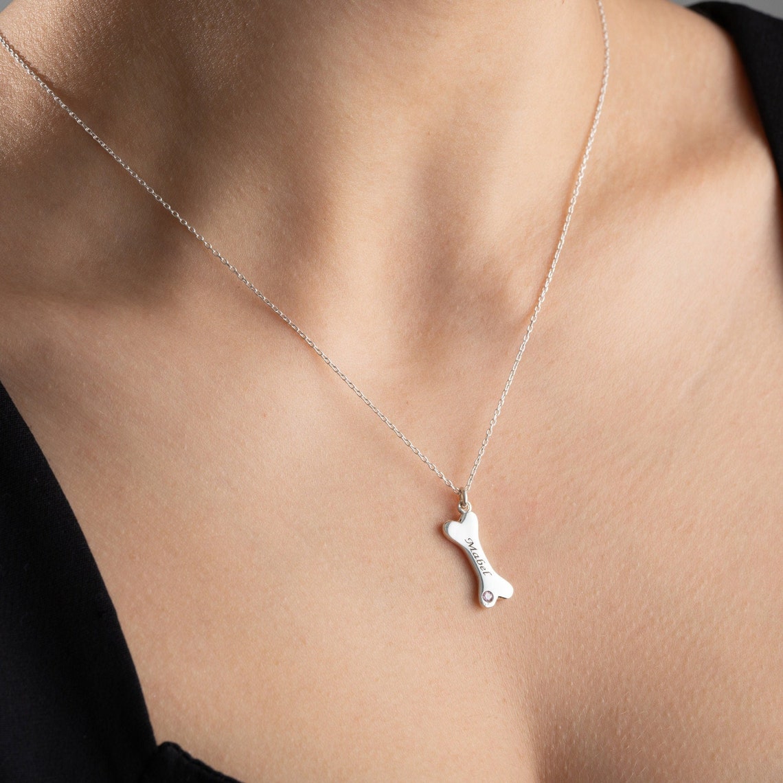 Personalized Dog Bone Shaped Necklace with Name Birthstone Unique Birthday Memorial Gift For Pet Lovers