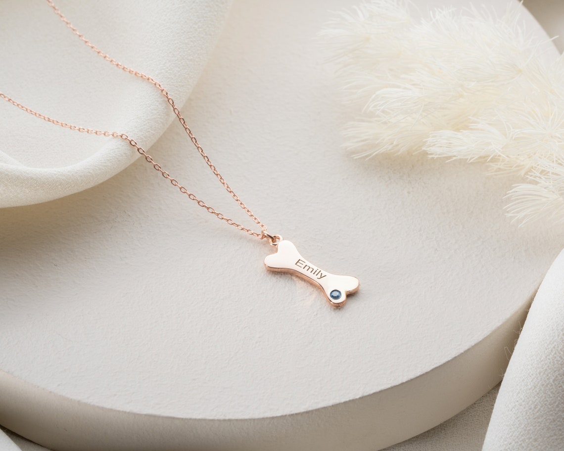 Personalized Dog Bone Shaped Necklace with Name Birthstone Unique Birthday Memorial Gift For Pet Lovers