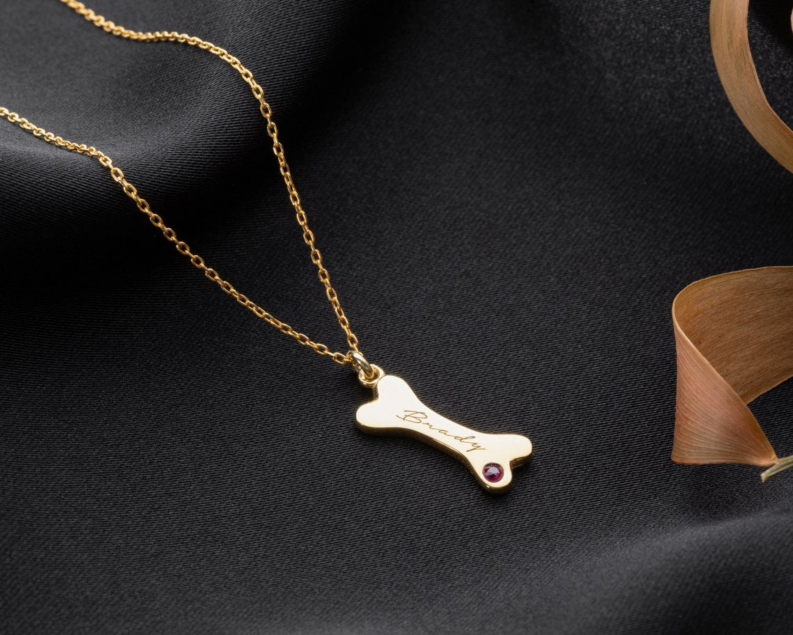 Personalized Dog Bone Shaped Necklace with Name Birthstone Unique Birthday Memorial Gift For Pet Lovers