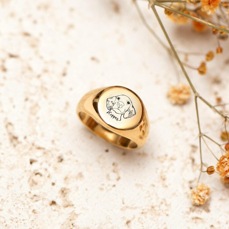 Custom Engraved Pet Portrait Photo Signet Ring Christmas Keepsake Gift For Dog Cat Mom