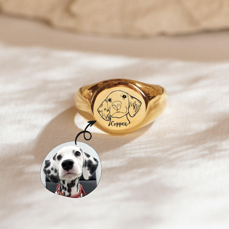 Custom Engraved Pet Portrait Photo Signet Ring Christmas Keepsake Gift For Dog Cat Mom