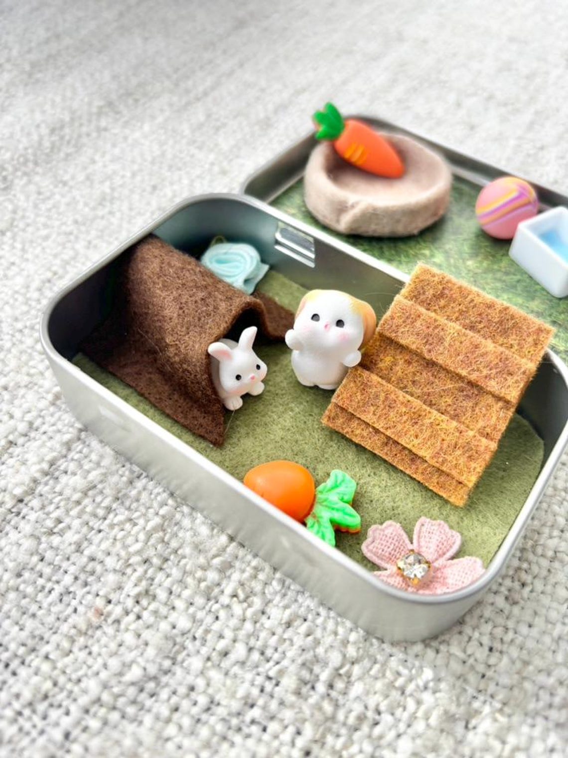 Miniature Bunny Pocket Pet Playset In A Tin Case Travel Toy for Kids Christmas Gift for Pet Lovers