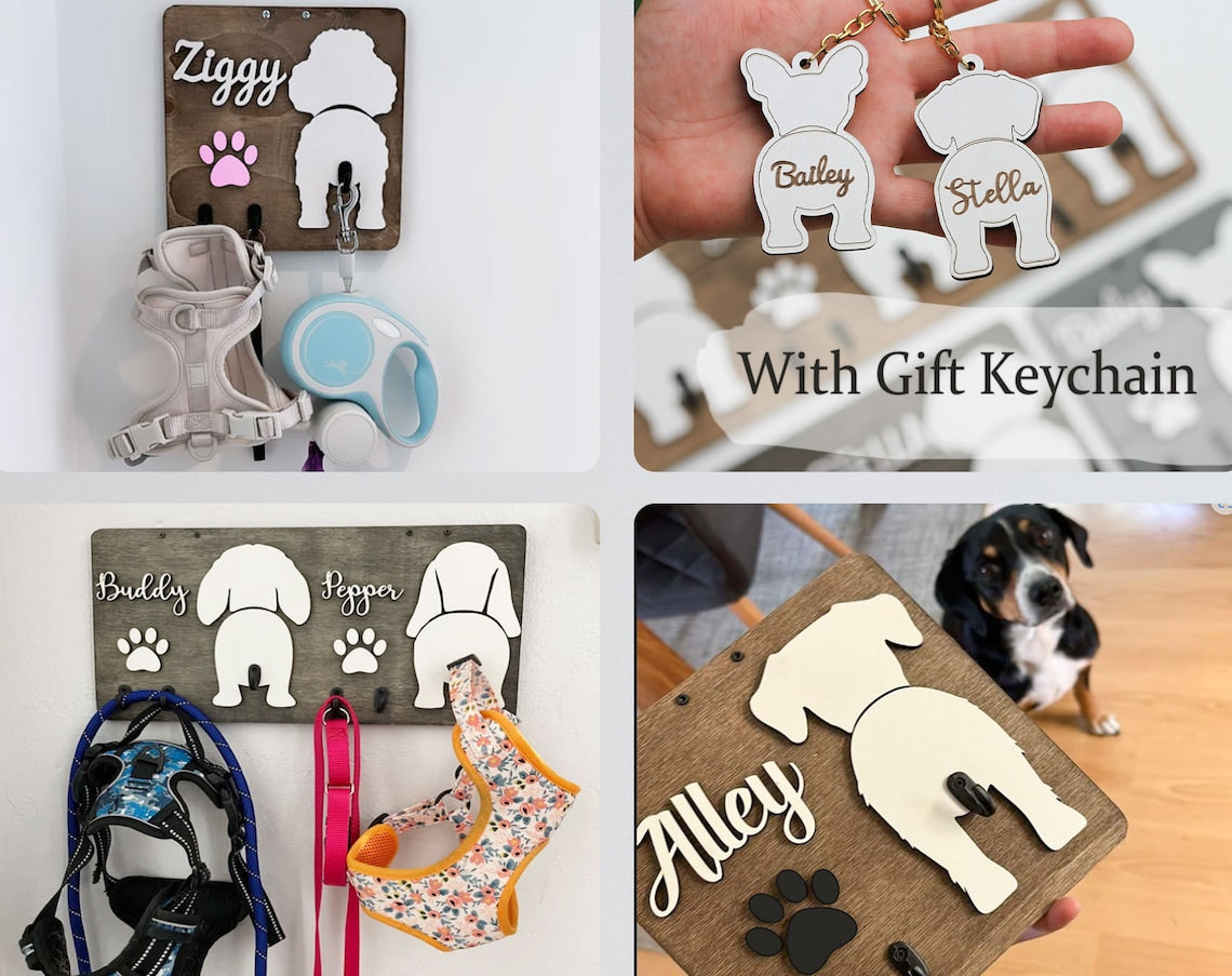 Custom Dog Butt Leash Holder for Wall Personalized Pet Leash Rack & Key Hook Unique Gift for Dog Owners