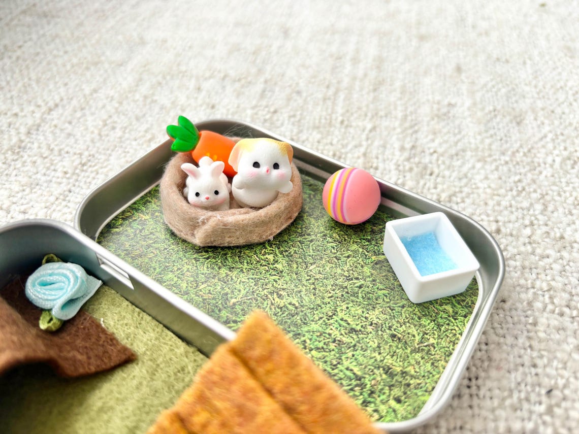 Miniature Bunny Pocket Pet Playset In A Tin Case Travel Toy for Kids Christmas Gift for Pet Lovers
