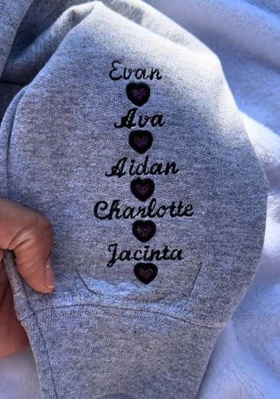 Mom Wears Her Heart on Her Sleeves Custom Embroidered Glitter Vinly Mom Sweatshirt Gift For Mother's Day