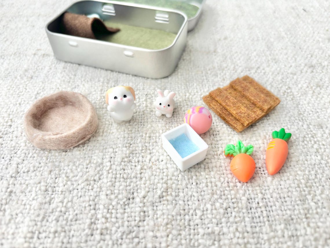 Miniature Bunny Pocket Pet Playset In A Tin Case Travel Toy for Kids Christmas Gift for Pet Lovers