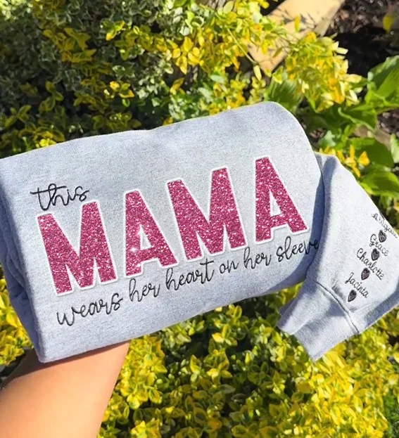 Mom Wears Her Heart on Her Sleeves Custom Embroidered Glitter Vinly Mom Sweatshirt Gift For Mother's Day
