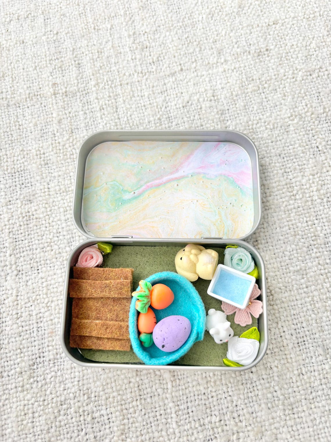 Miniature Bunny Pocket Pet Playset In A Tin Case Travel Toy for Kids Easter Basket Stuffer