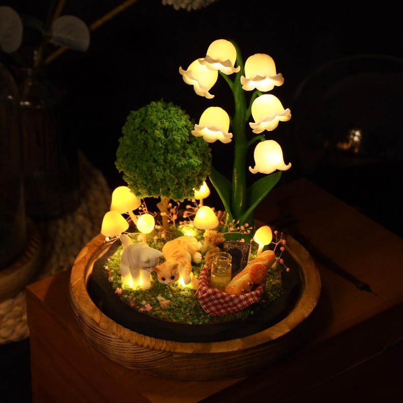 Lily of the Valley Mushroom Lamp with Custom Pet Figurine Christmas Gift For Pet Lovers Unique Home Decor