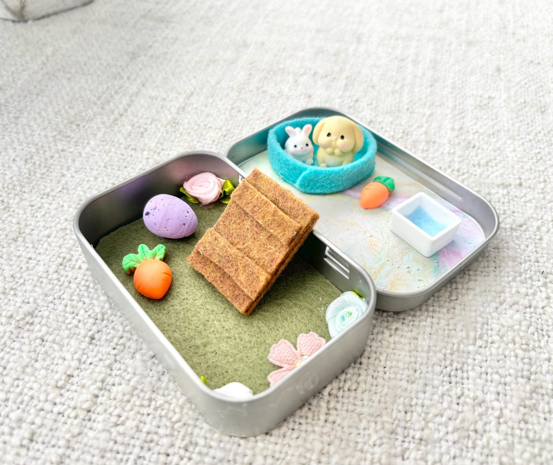 Miniature Bunny Pocket Pet Playset In A Tin Case Travel Toy for Kids Easter Basket Stuffer