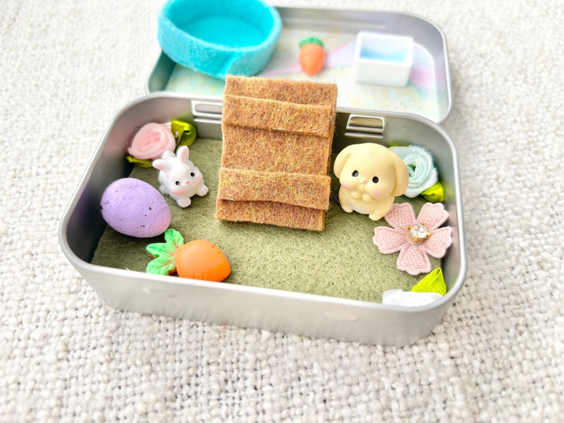 Miniature Bunny Pocket Pet Playset In A Tin Case Travel Toy for Kids Easter Basket Stuffer